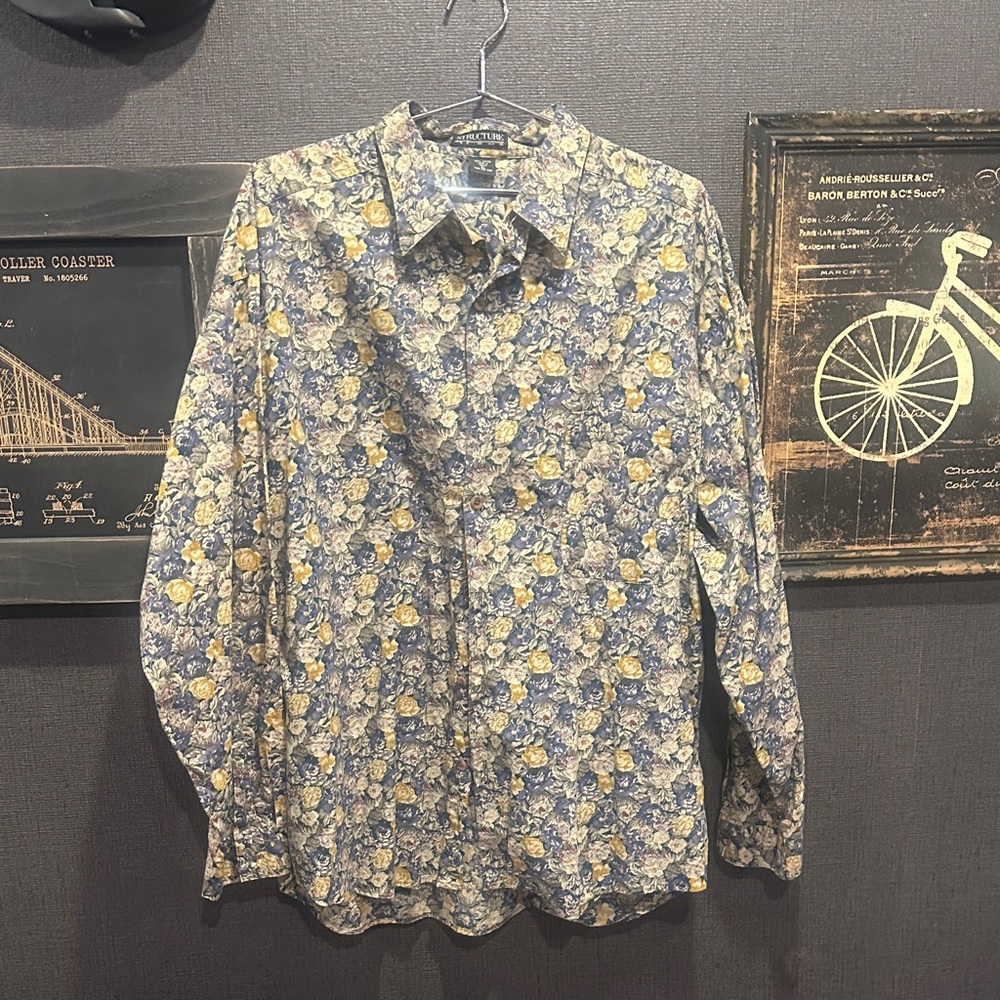 Structure Men's Shirt with Blue and Golden Yellow Floral Pattern